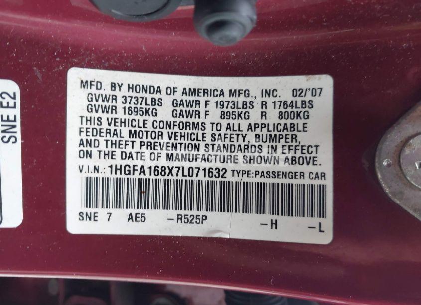 Photo 9 of 2007 Honda Civic EX (VIN 1HGFA168X7L071632)