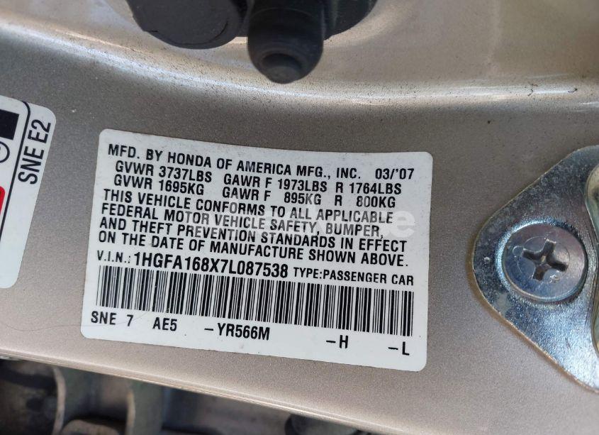 Photo 9 of 2007 Honda Civic EX (VIN 1HGFA168X7L087538)