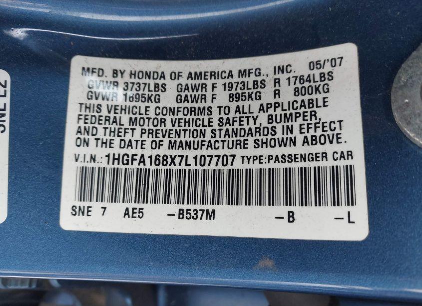 Photo 9 of 2007 Honda Civic EX (VIN 1HGFA168X7L107707)