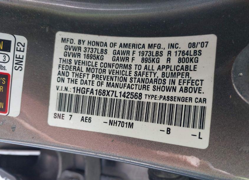 Photo 9 of 2007 Honda Civic EX (VIN 1HGFA168X7L142568)