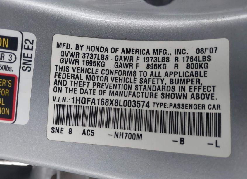 Photo 9 of 2008 Honda Civic EX (VIN 1HGFA168X8L003574)