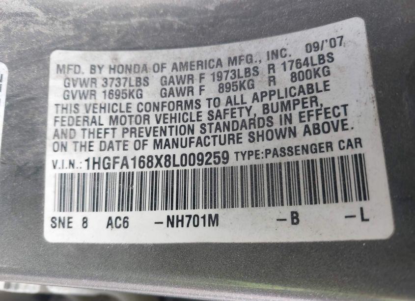 Photo 9 of 2008 Honda Civic EX (VIN 1HGFA168X8L009259)