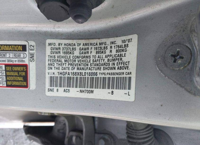Photo 9 of 2008 Honda Civic EX (VIN 1HGFA168X8L018866)