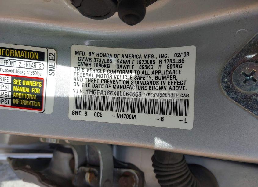 Photo 9 of 2008 Honda Civic EX (VIN 1HGFA168X8L064665)