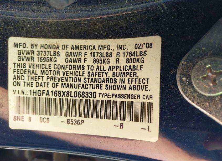 Photo 9 of 2008 Honda Civic EX (VIN 1HGFA168X8L068330)