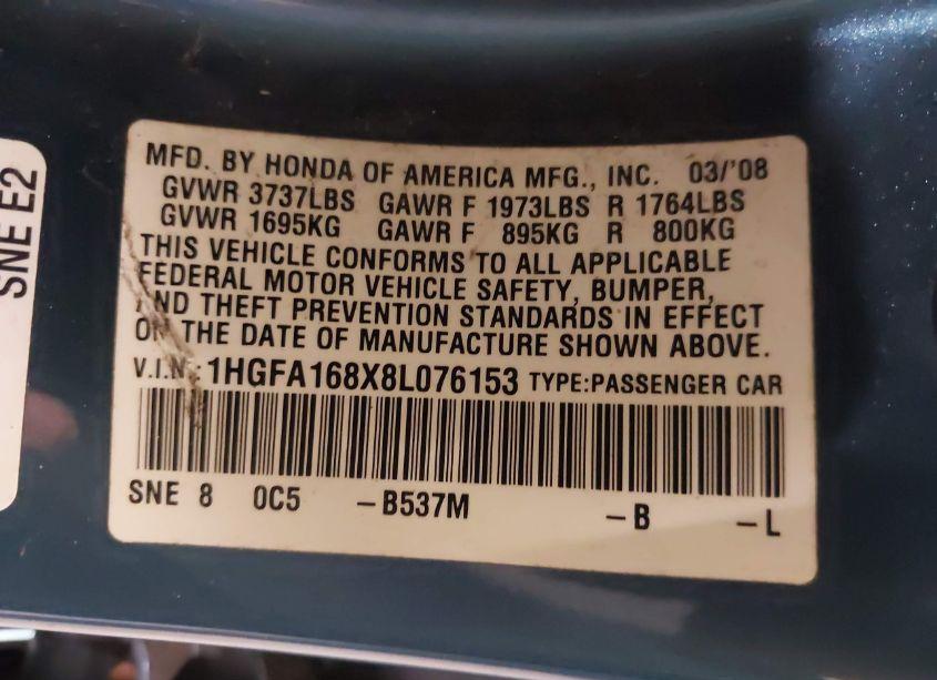 Photo 9 of 2008 Honda Civic EX (VIN 1HGFA168X8L076153)