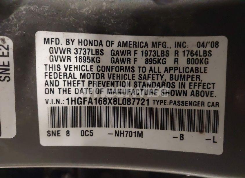 Photo 9 of 2008 Honda Civic EX (VIN 1HGFA168X8L087721)