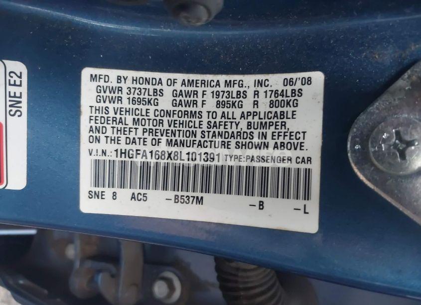 Photo 9 of 2008 Honda Civic EX (VIN 1HGFA168X8L101391)