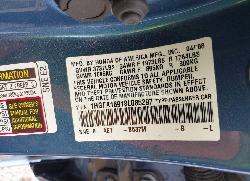 Photo 9 of 2008 Honda Civic EX-L (VIN 1HGFA16918L085297)