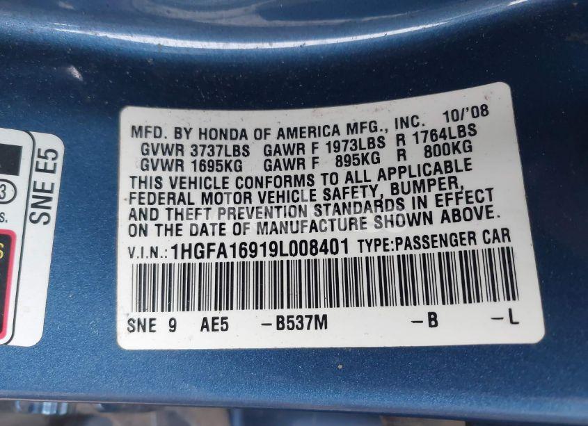Photo 9 of 2009 Honda Civic EX-L (VIN 1HGFA16919L008401)