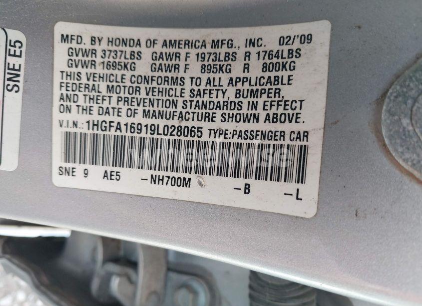 Photo 9 of 2009 Honda Civic EX-L (VIN 1HGFA16919L028065)