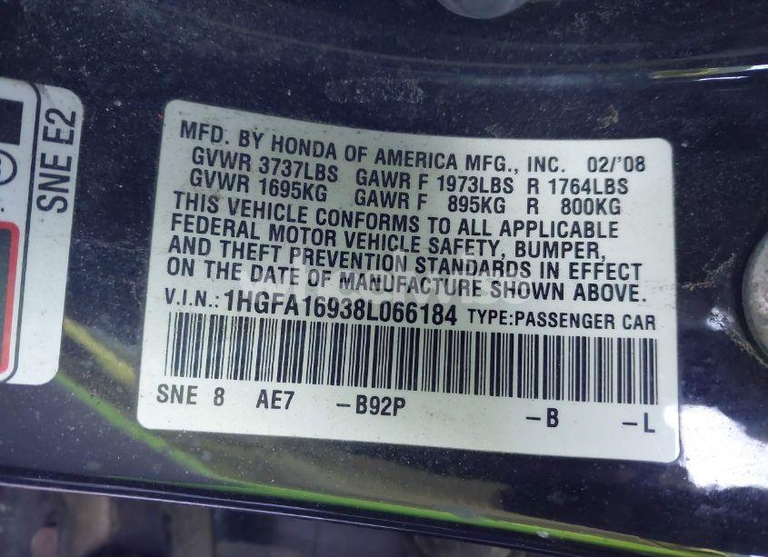 Photo 9 of 2008 Honda Civic EX-L (VIN 1HGFA16938L066184)