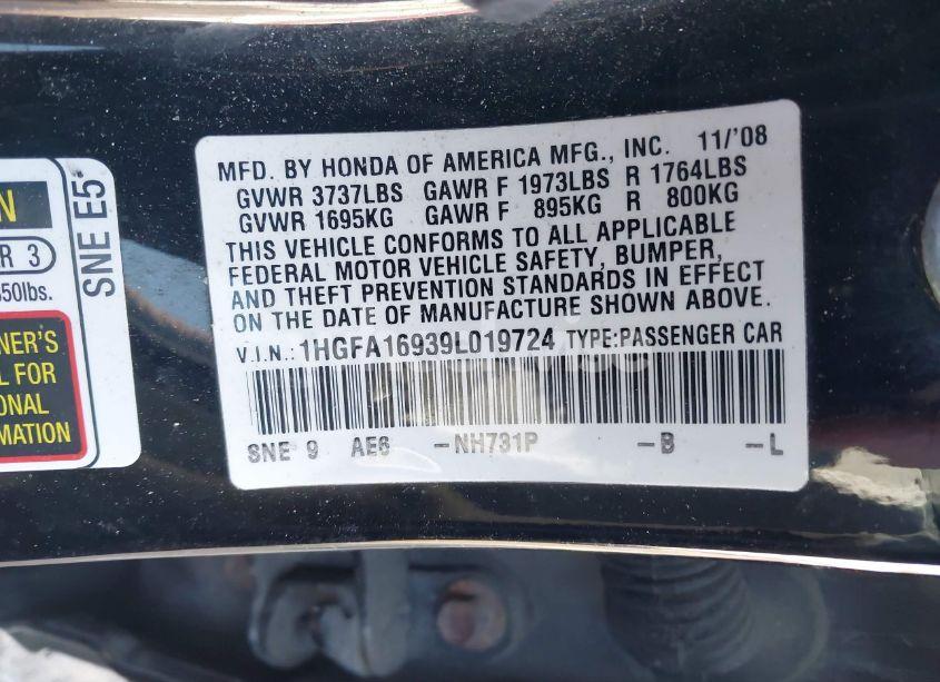 Photo 9 of 2009 Honda Civic EX-L (VIN 1HGFA16939L019724)