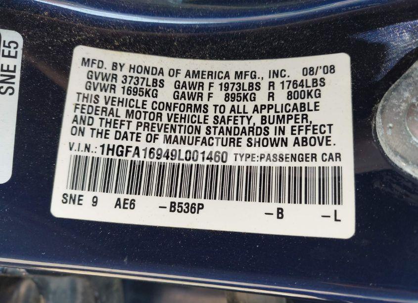 Photo 9 of 2009 Honda Civic EX-L (VIN 1HGFA16949L001460)