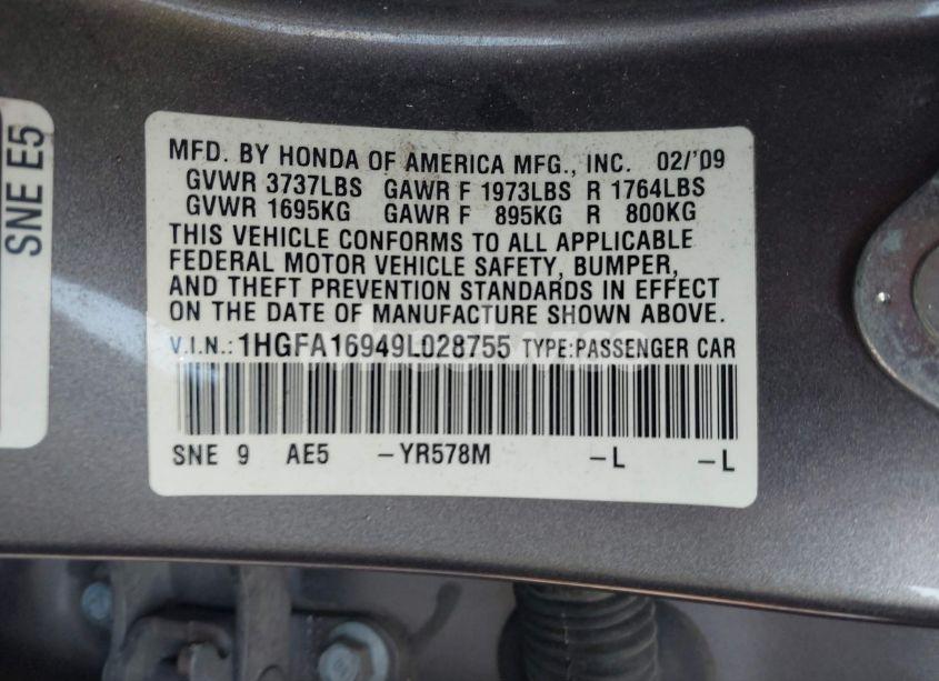 Photo 9 of 2009 Honda Civic EX-L (VIN 1HGFA16949L028755)