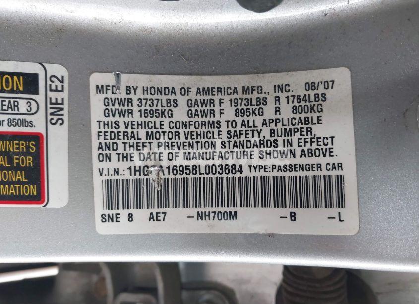 Photo 9 of 2008 Honda Civic EX-L (VIN 1HGFA16958L003684)