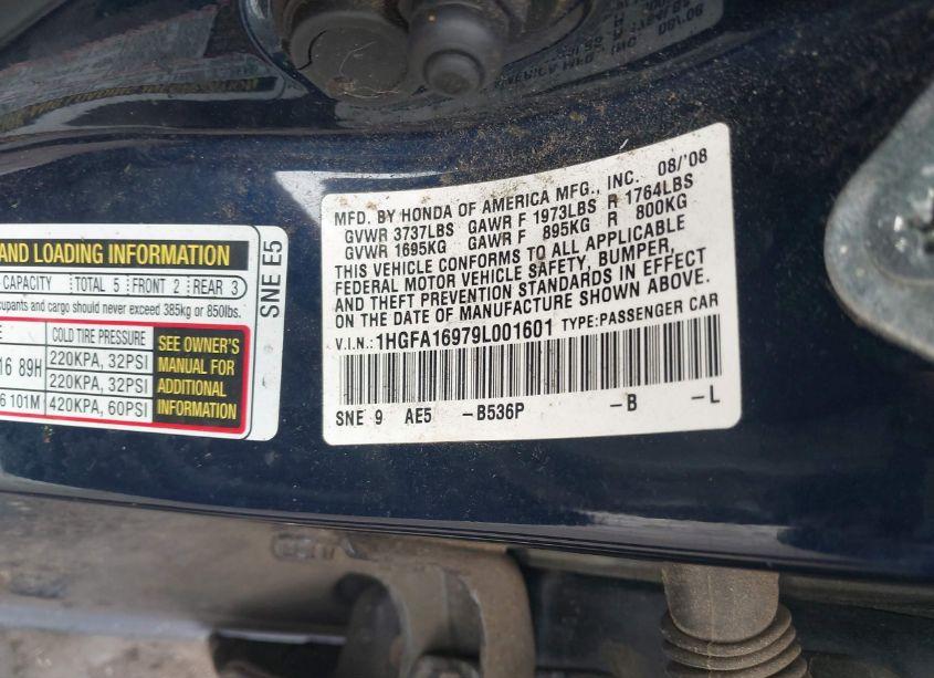 Photo 9 of 2009 Honda Civic EX-L (VIN 1HGFA16979L001601)