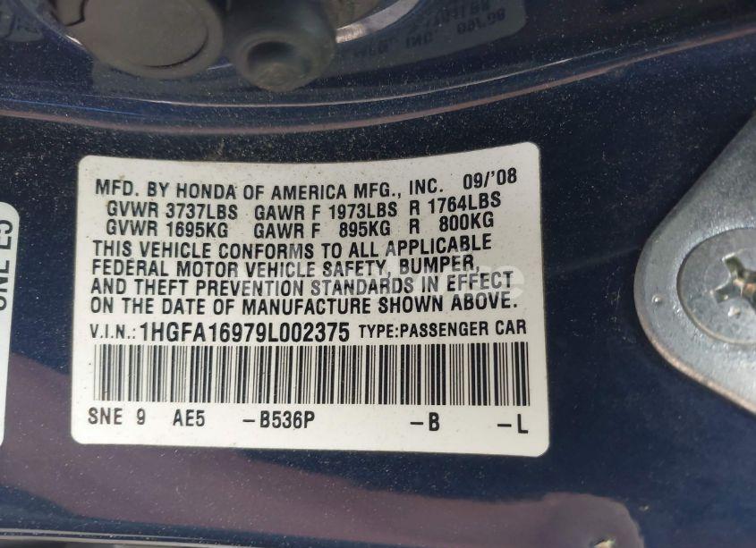 Photo 9 of 2009 Honda Civic EX-L (VIN 1HGFA16979L002375)