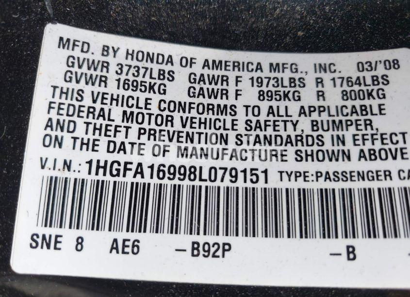 Photo 9 of 2008 Honda Civic EX-L (VIN 1HGFA16998L079151)