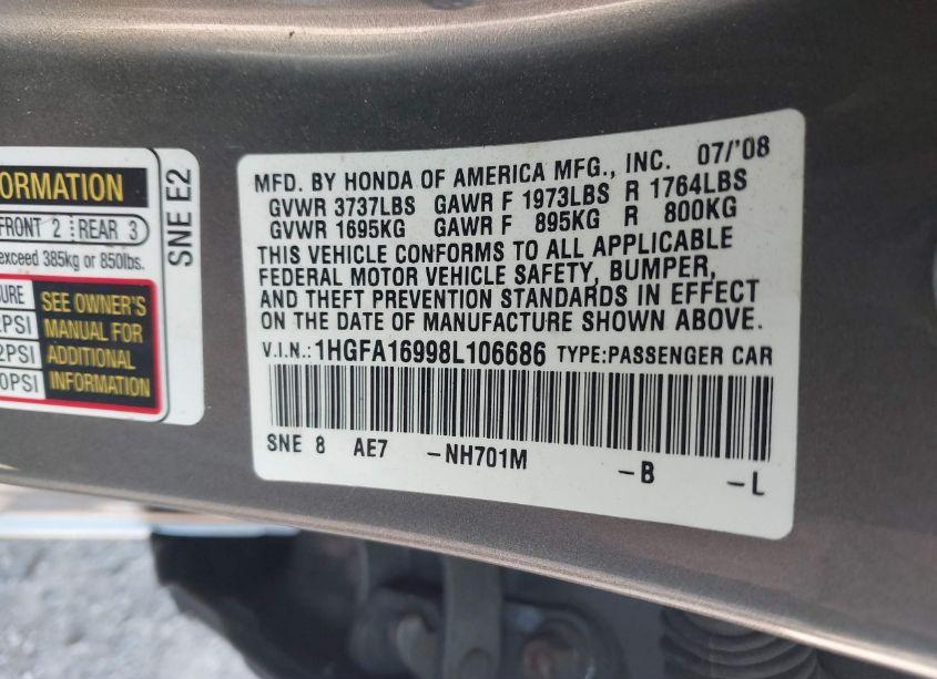 Photo 9 of 2008 Honda Civic EX-L (VIN 1HGFA16998L106686)