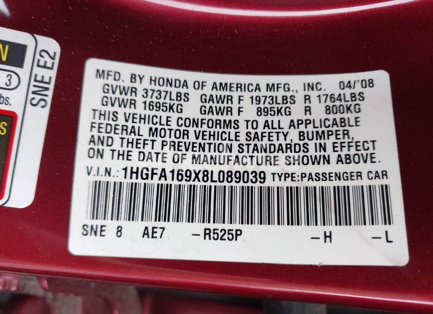 Photo 9 of 2008 Honda Civic EX-L (VIN 1HGFA169X8L089039)