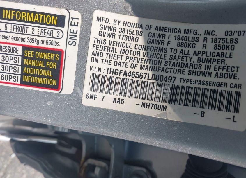 Photo 9 of 2007 Honda Civic GX (VIN 1HGFA46567L000497)