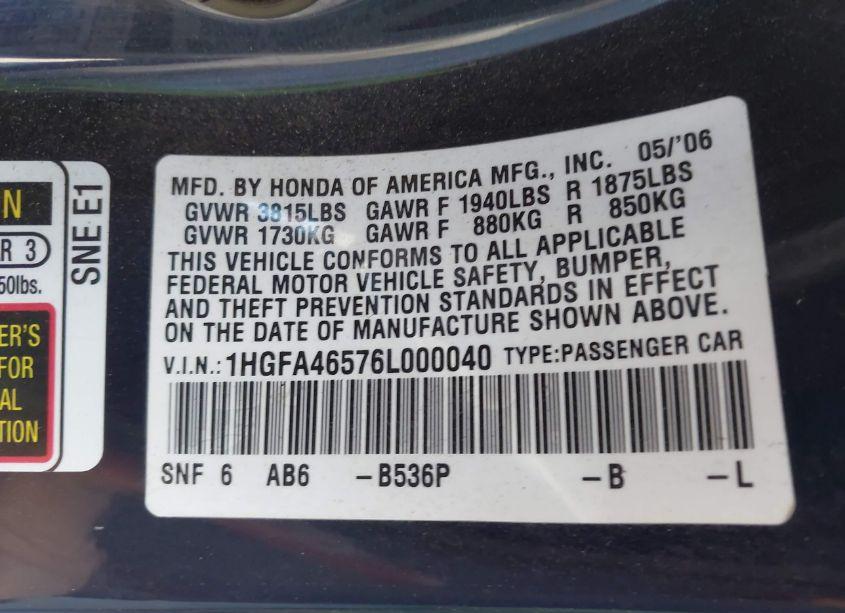 Photo 9 of 2006 Honda Civic GX (VIN 1HGFA46576L000040)