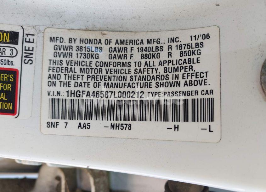 Photo 9 of 2007 Honda Civic GX (VIN 1HGFA46587L000212)