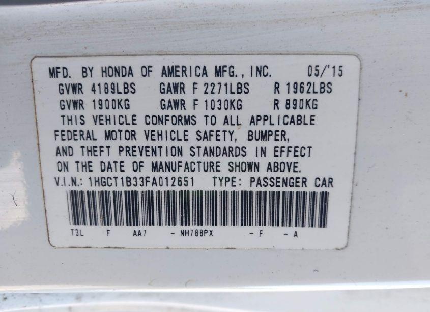 Photo 9 of 2015 Honda Accord (VIN 1HGTT1B33FA012651)