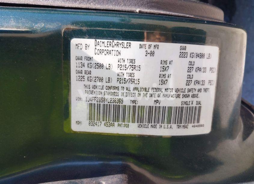 Photo 9 of 2000 Jeep Cherokee SE (VIN 1J4FF28S0YL236369)