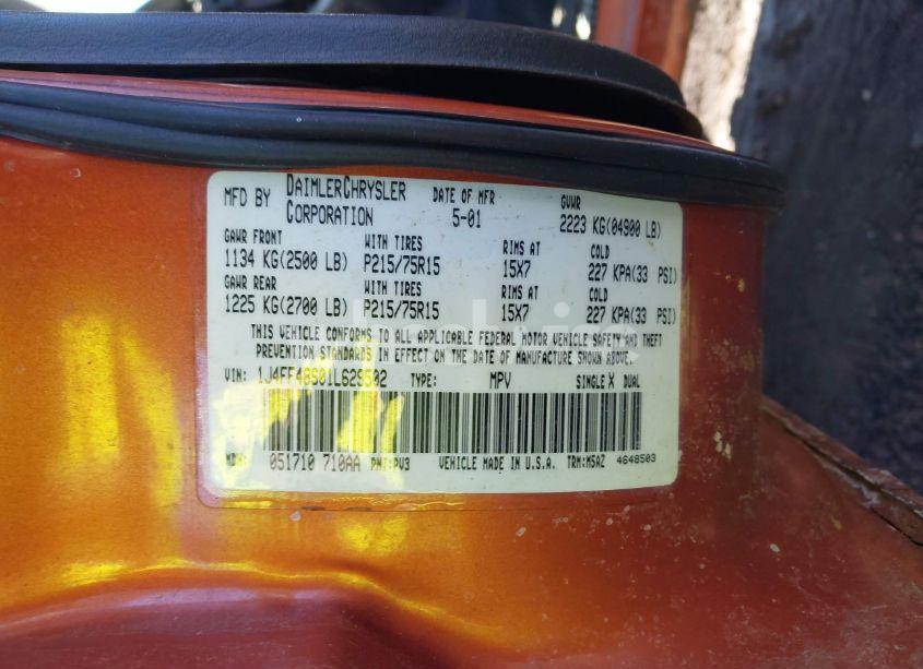 Photo 9 of 2001 Jeep Cherokee SPORT (VIN 1J4FF48S01L629502)