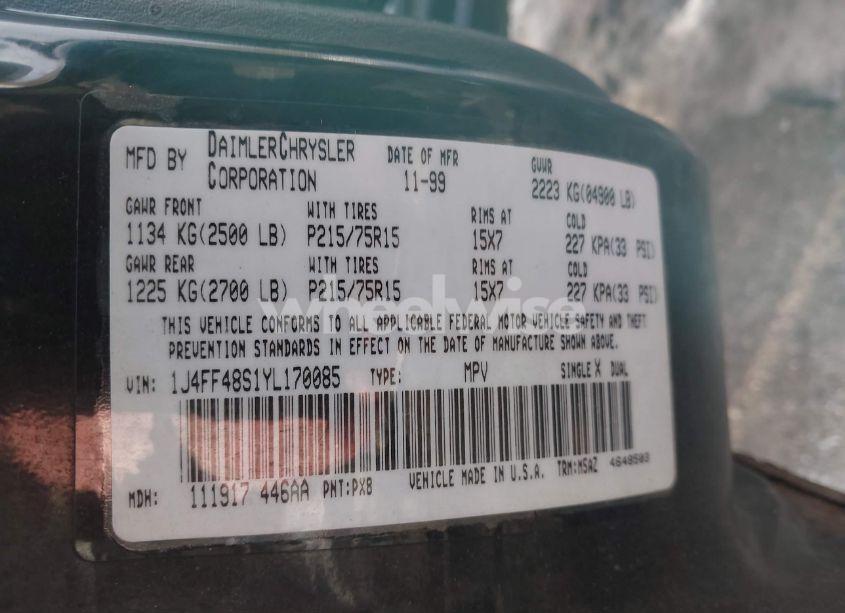 Photo 9 of 2000 Jeep Cherokee SPORT (VIN 1J4FF48S1YL170085)