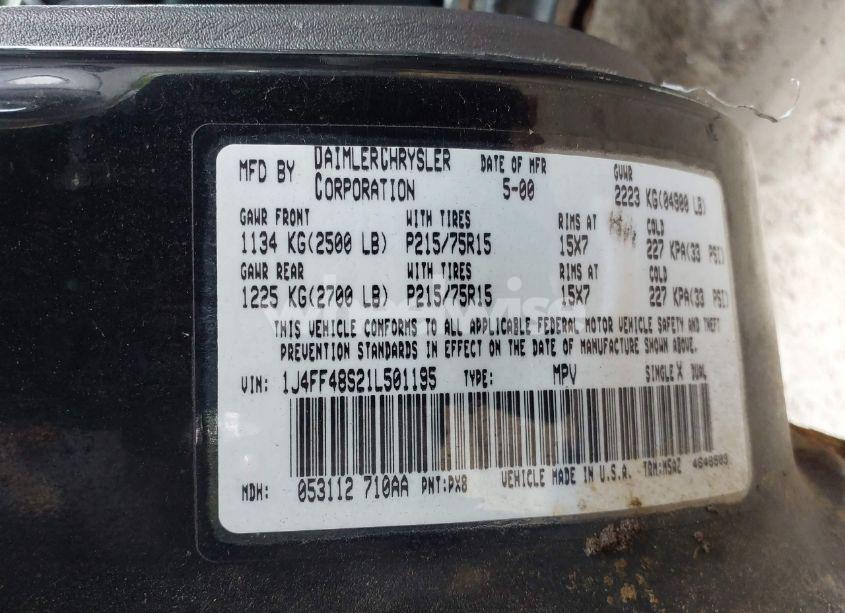 Photo 9 of 2001 Jeep Cherokee SPORT (VIN 1J4FF48S21L501195)