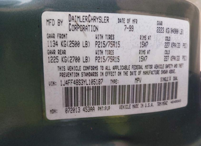 Photo 9 of 2000 Jeep Cherokee SPORT (VIN 1J4FF48S3YL105187)