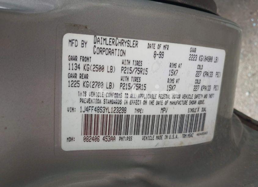 Photo 9 of 2000 Jeep Cherokee SPORT (VIN 1J4FF48S3YL123298)