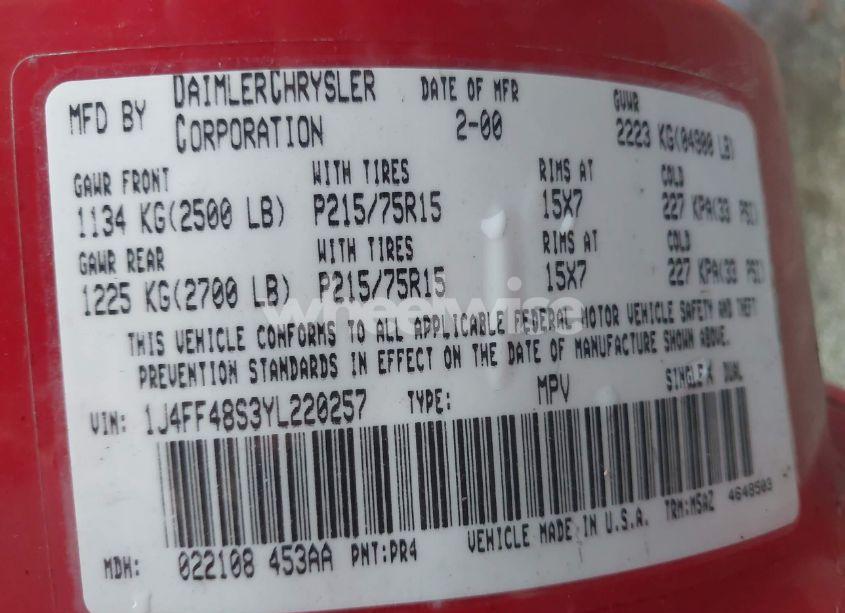 Photo 9 of 2000 Jeep Cherokee SPORT (VIN 1J4FF48S3YL220257)