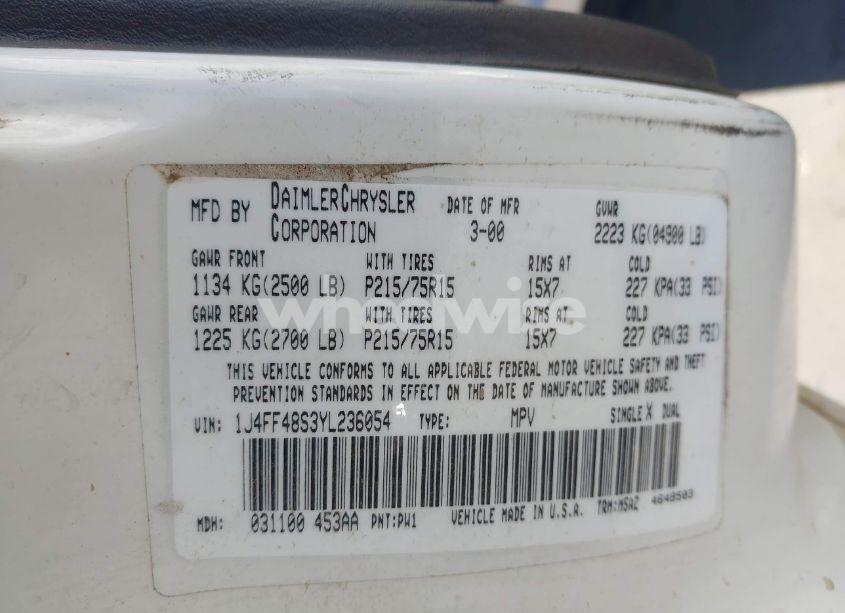 Photo 9 of 2000 Jeep Cherokee SPORT (VIN 1J4FF48S3YL236054)