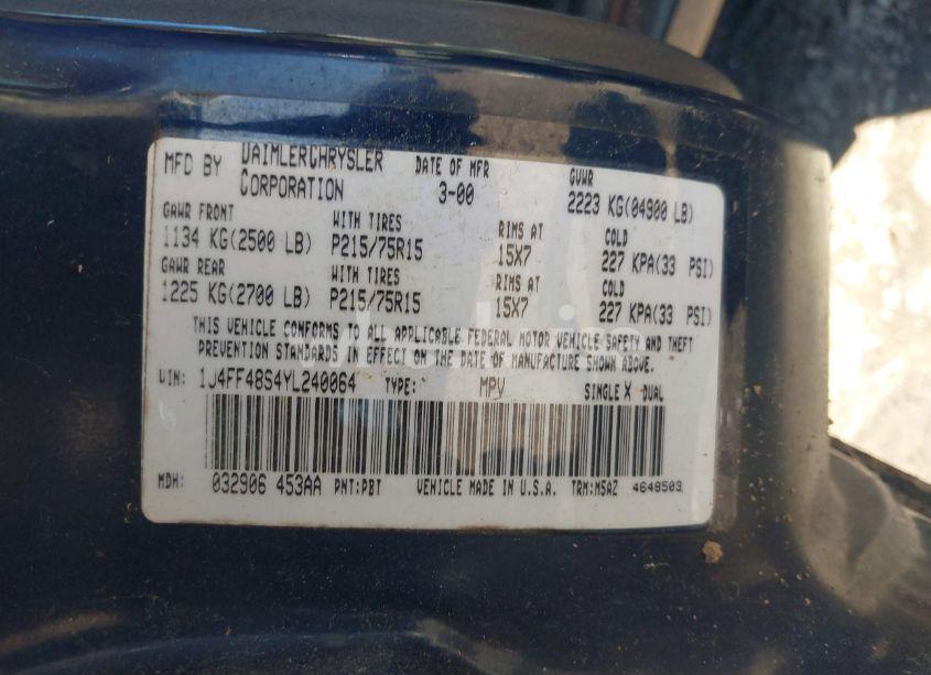 Photo 9 of 2000 Jeep Cherokee SPORT (VIN 1J4FF48S4YL240064)