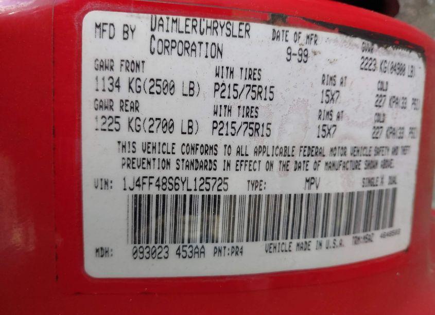 Photo 9 of 2000 Jeep Cherokee SPORT (VIN 1J4FF48S6YL125725)