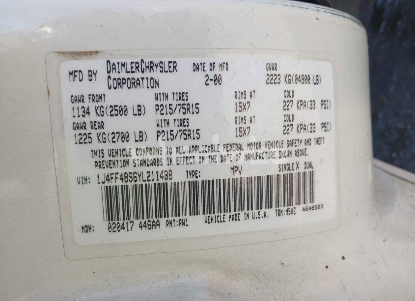 Photo 9 of 2000 Jeep Cherokee SPORT (VIN 1J4FF48S6YL211438)