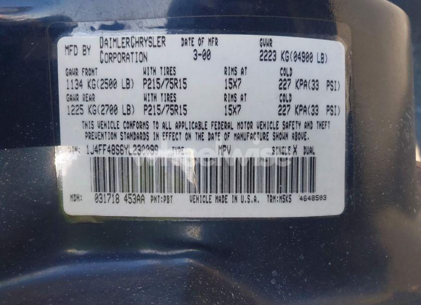 Photo 9 of 2000 Jeep Cherokee SPORT (VIN 1J4FF48S6YL230099)