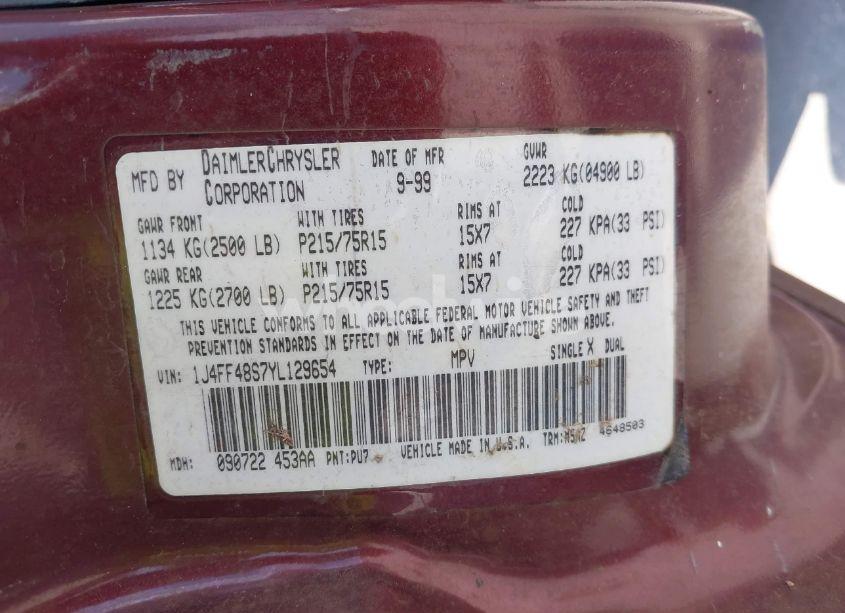 Photo 9 of 2000 Jeep Cherokee SPORT (VIN 1J4FF48S7YL129654)