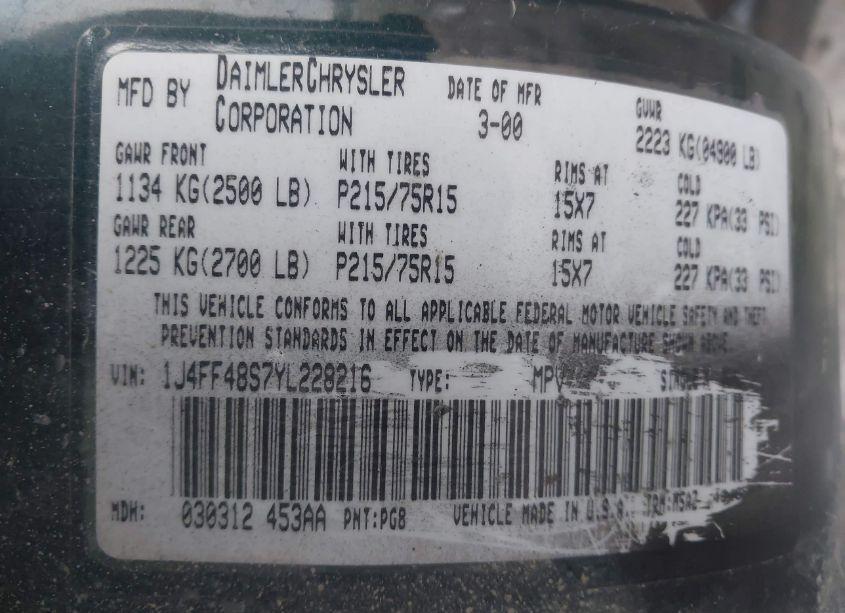 Photo 9 of 2000 Jeep Cherokee SPORT (VIN 1J4FF48S7YL228216)