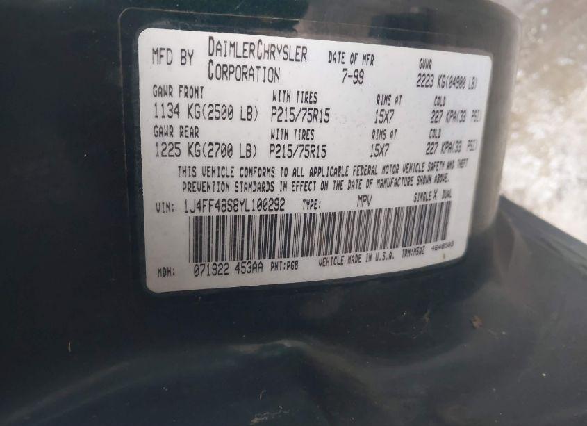 Photo 9 of 2000 Jeep Cherokee SPORT (VIN 1J4FF48S8YL100292)