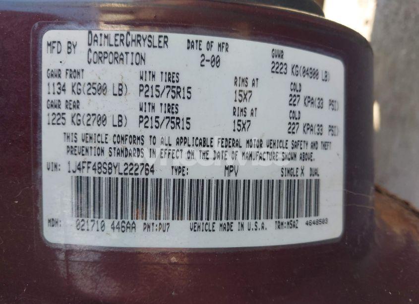 Photo 9 of 2000 Jeep Cherokee SPORT (VIN 1J4FF48S8YL222764)