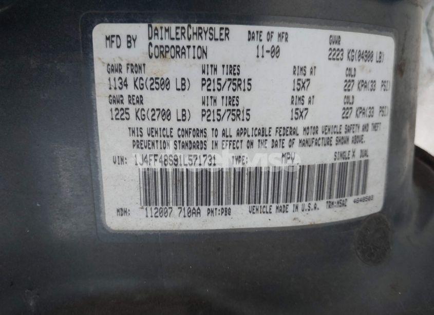 Photo 9 of 2001 Jeep Cherokee SPORT (VIN 1J4FF48S91L571731)