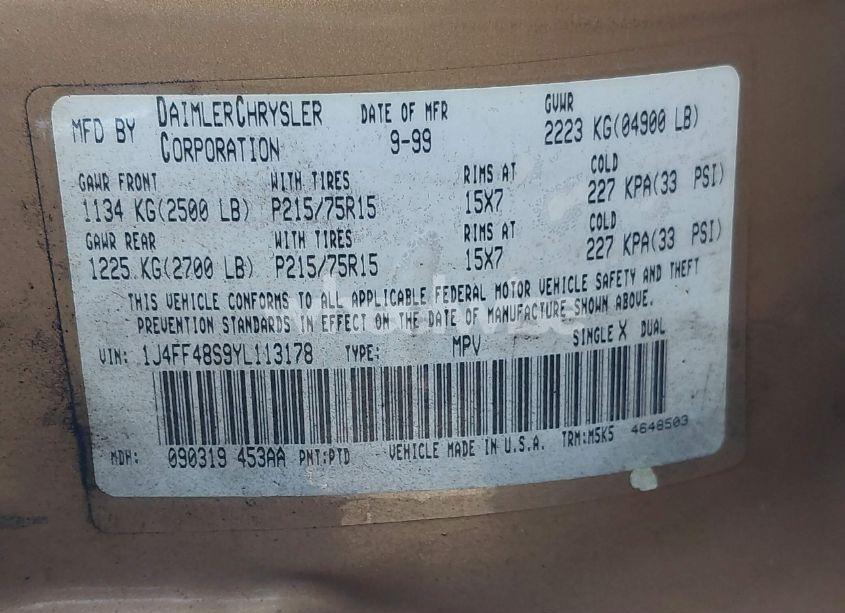 Photo 9 of 2000 Jeep Cherokee SPORT (VIN 1J4FF48S9YL113178)