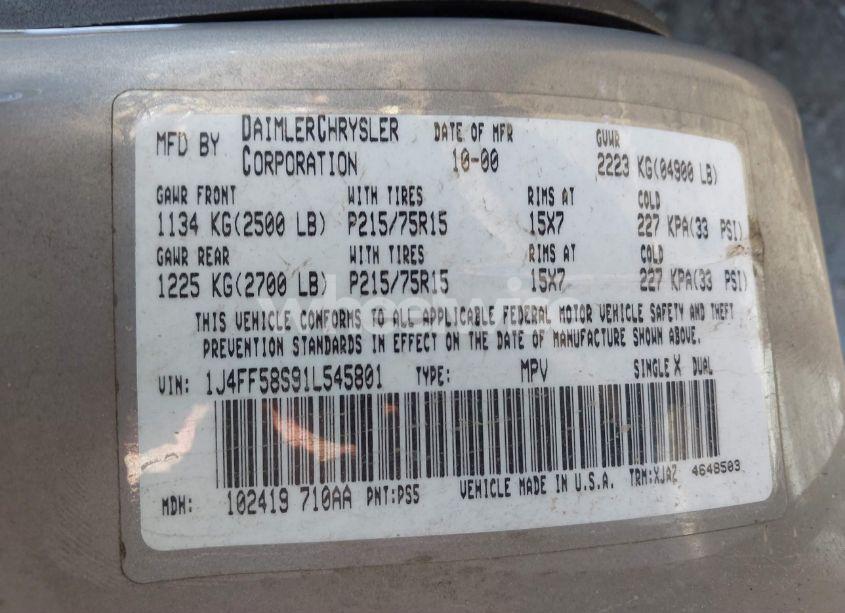 Photo 9 of 2001 Jeep Cherokee LIMITED/SPORT (VIN 1J4FF58S91L545801)