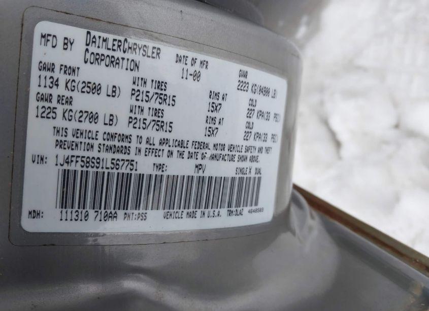 Photo 9 of 2001 Jeep Cherokee LIMITED/SPORT (VIN 1J4FF58S91L567751)