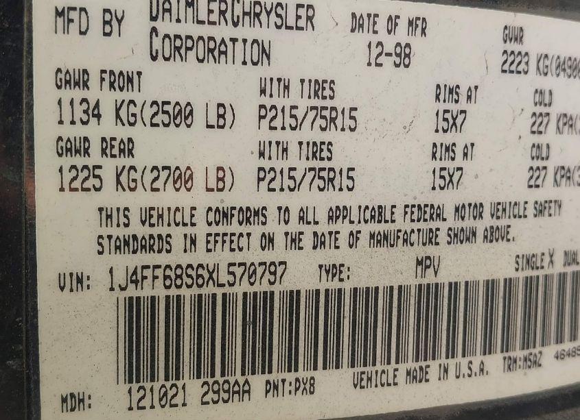 Photo 9 of 1999 Jeep Cherokee CLASSIC/SPORT (VIN 1J4FF68S6XL570797)